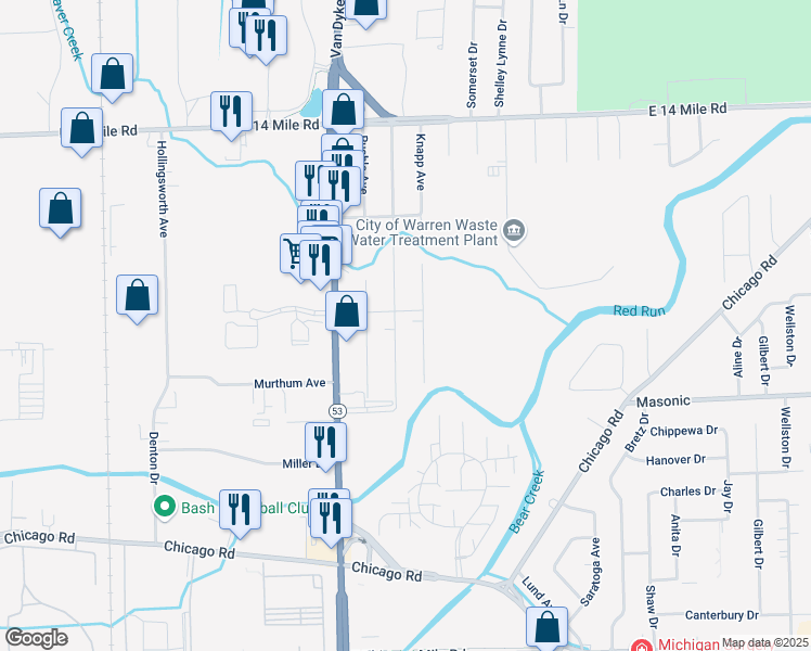 map of restaurants, bars, coffee shops, grocery stores, and more near 32256 Linderman Avenue in Warren