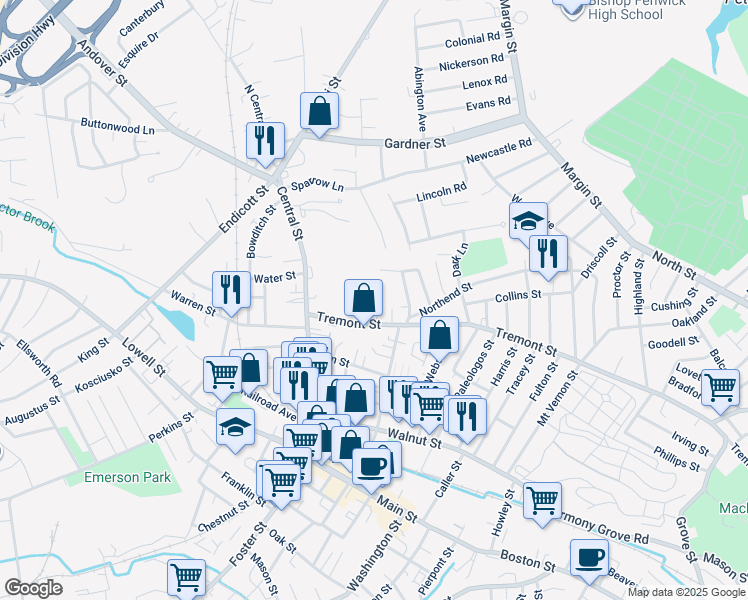 map of restaurants, bars, coffee shops, grocery stores, and more near 6 Tremont Place in Peabody