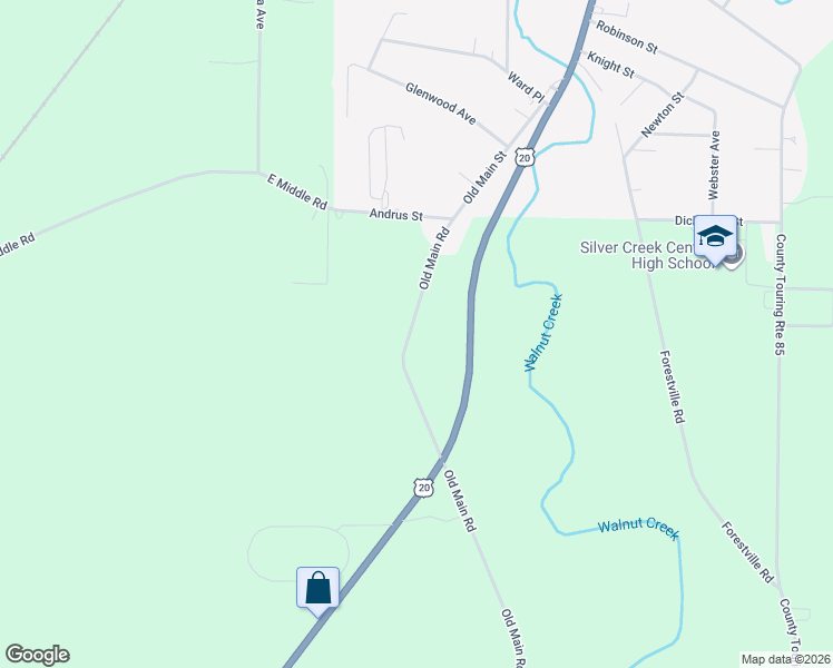 map of restaurants, bars, coffee shops, grocery stores, and more near 12192 Old Main Road in Silver Creek