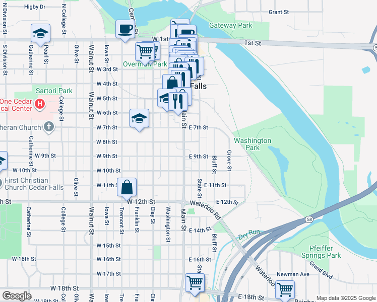 map of restaurants, bars, coffee shops, grocery stores, and more near 816 Main Street in Cedar Falls