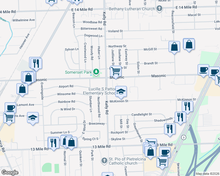 map of restaurants, bars, coffee shops, grocery stores, and more near 31842 Kelly Road in Roseville