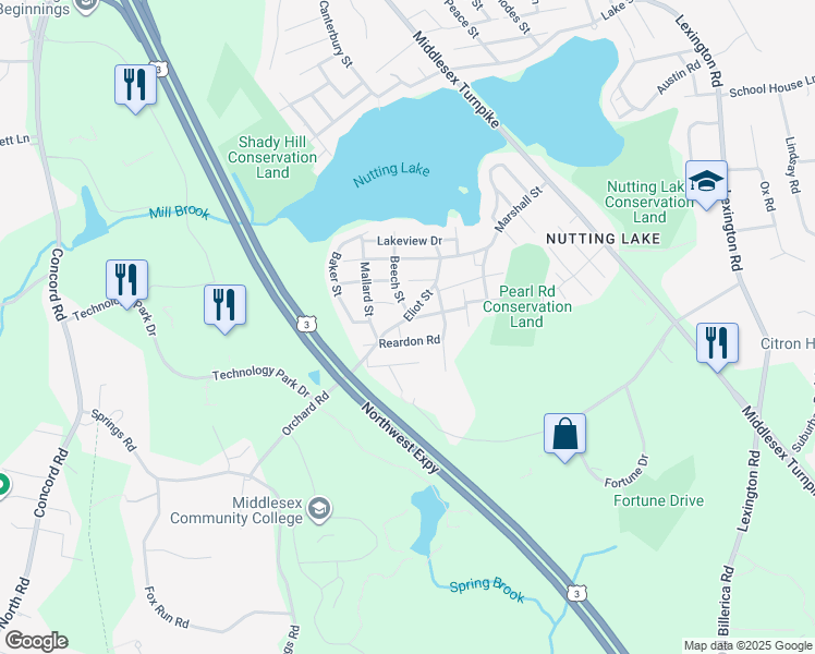 map of restaurants, bars, coffee shops, grocery stores, and more near 1 Fuller Road in Billerica