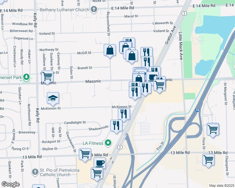 map of restaurants, bars, coffee shops, grocery stores, and more near 19652 Jerome Street in Roseville