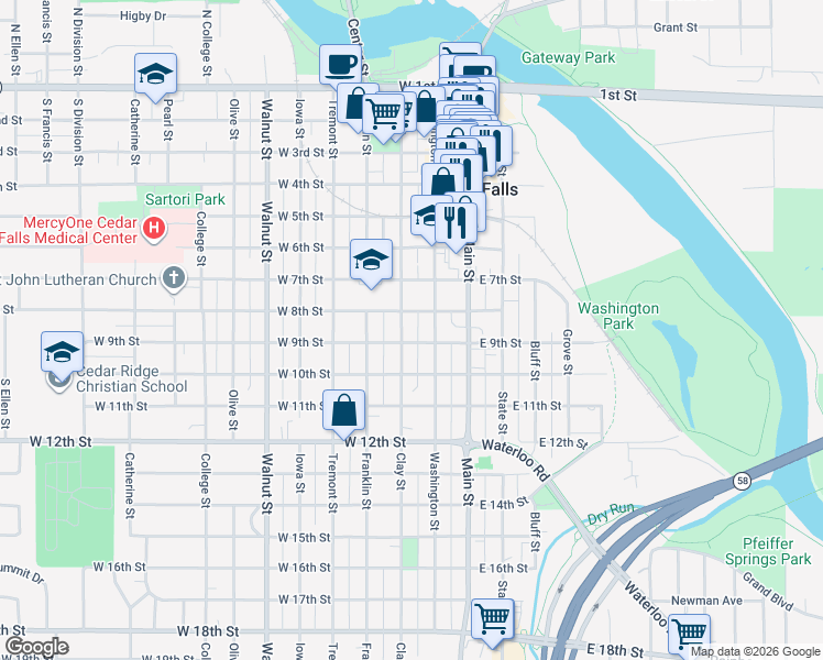 map of restaurants, bars, coffee shops, grocery stores, and more near 215 West 9th Street in Cedar Falls