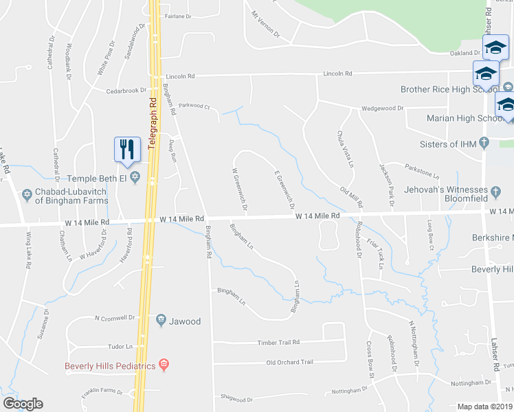 map of restaurants, bars, coffee shops, grocery stores, and more near 7475 West Greenwich Drive in Bloomfield Hills