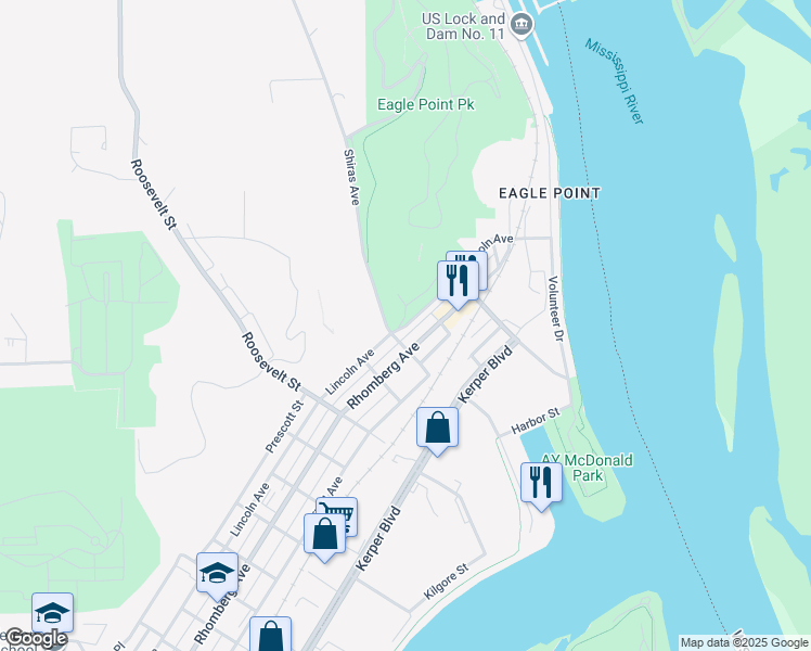 map of restaurants, bars, coffee shops, grocery stores, and more near 2241 Lincoln Avenue in Dubuque