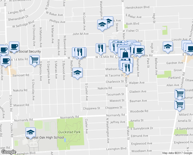 map of restaurants, bars, coffee shops, grocery stores, and more near 277 West Tacoma Street in Clawson