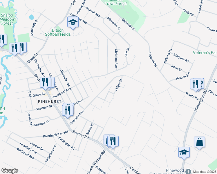 map of restaurants, bars, coffee shops, grocery stores, and more near 52 Pinedale Avenue in Billerica