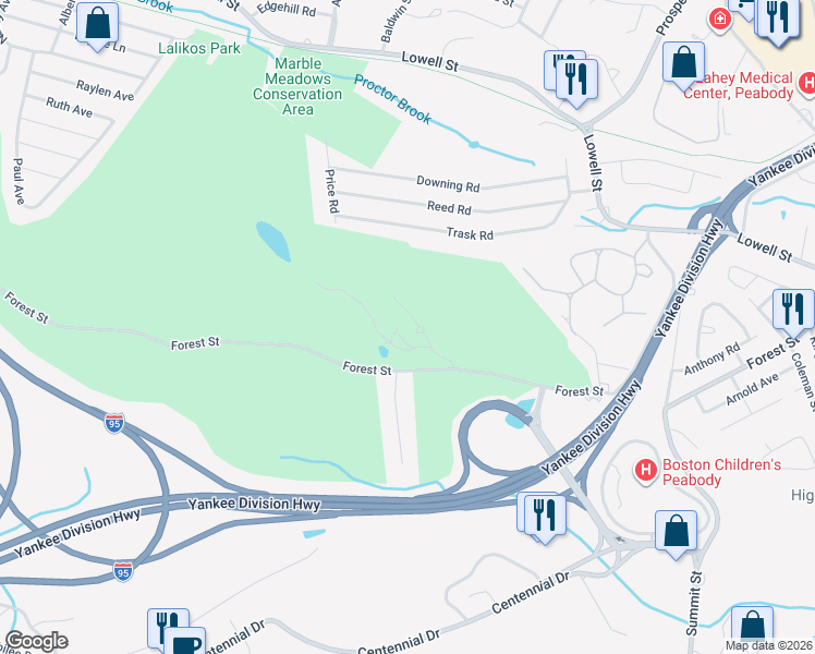 map of restaurants, bars, coffee shops, grocery stores, and more near 133 Forest Street in Peabody