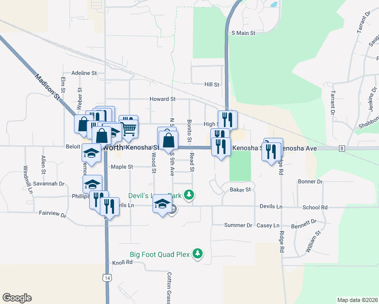 map of restaurants, bars, coffee shops, grocery stores, and more near 415 Kenosha Street in Walworth