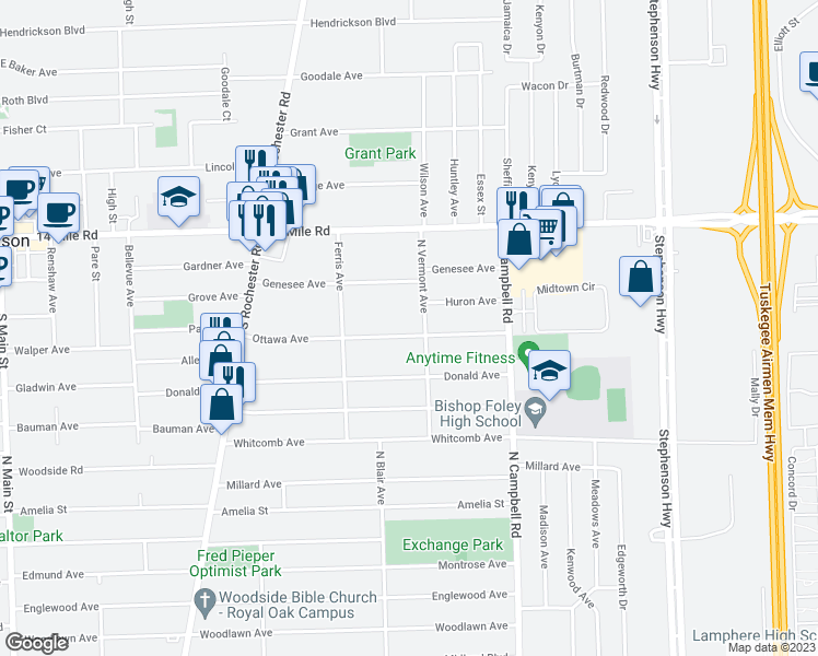 map of restaurants, bars, coffee shops, grocery stores, and more near 1311 Ottawa Drive in Royal Oak