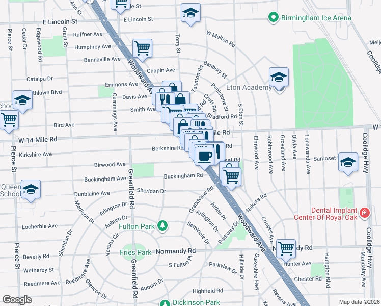 map of restaurants, bars, coffee shops, grocery stores, and more near 32889 Woodward Avenue in Royal Oak