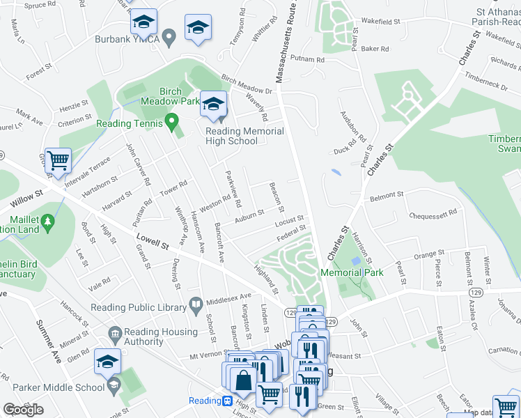 map of restaurants, bars, coffee shops, grocery stores, and more near 40 Auburn Street in Reading