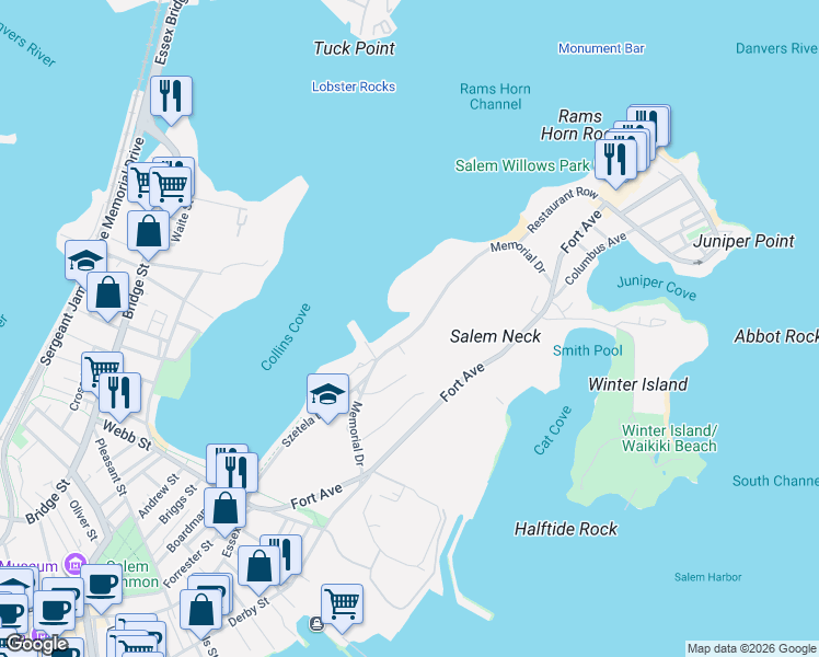 map of restaurants, bars, coffee shops, grocery stores, and more near 57 Memorial Drive in Salem