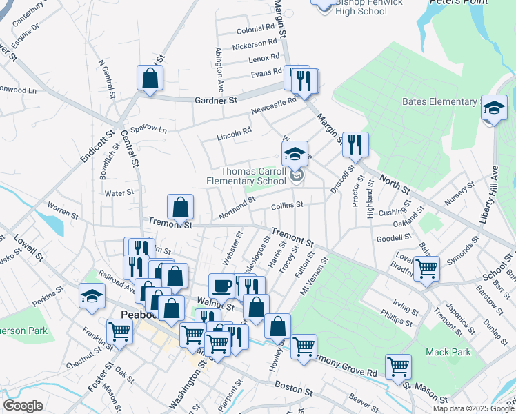 map of restaurants, bars, coffee shops, grocery stores, and more near 30 Collins Street in Peabody