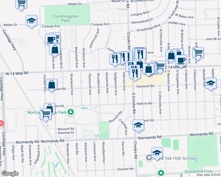 map of restaurants, bars, coffee shops, grocery stores, and more near 4522 Rosewold Avenue in Royal Oak
