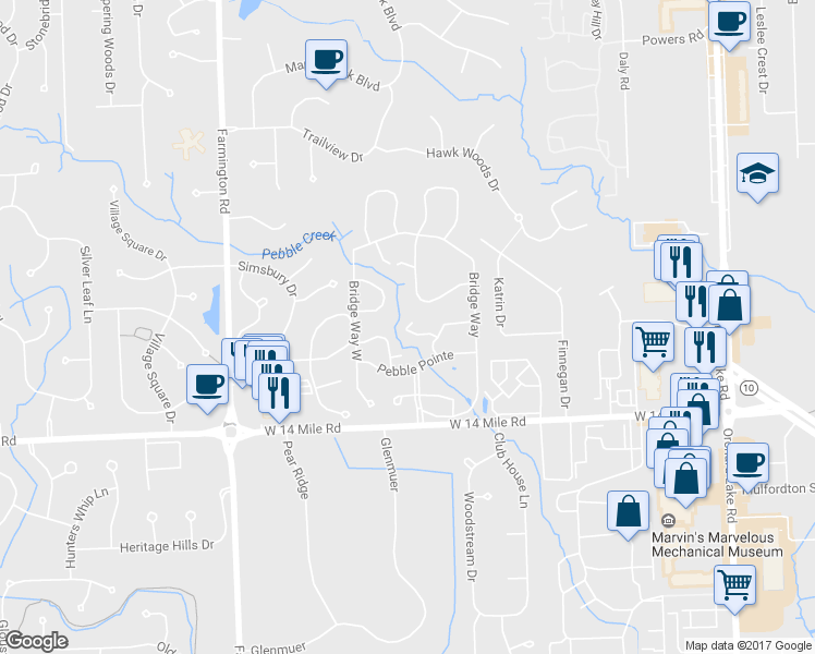 map of restaurants, bars, coffee shops, grocery stores, and more near 7383 Creek View Court in West Bloomfield Township