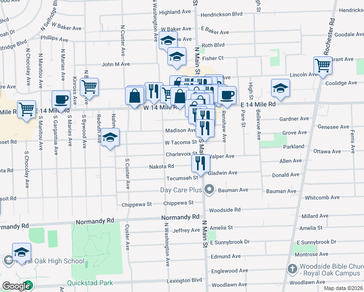 map of restaurants, bars, coffee shops, grocery stores, and more near 93 West Tacoma Street in Clawson