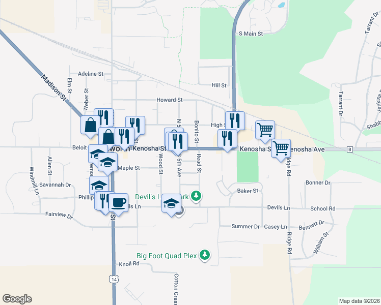 map of restaurants, bars, coffee shops, grocery stores, and more near 415 Kenosha Street in Walworth