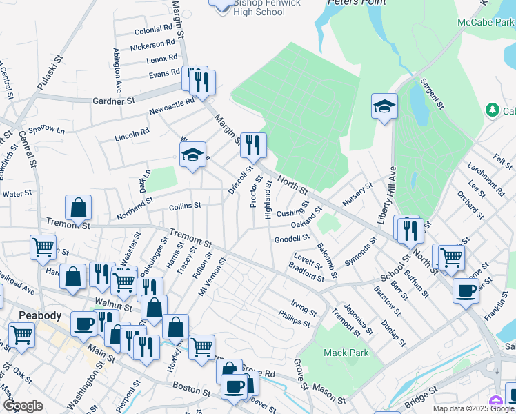 map of restaurants, bars, coffee shops, grocery stores, and more near 23 Proctor Street in Peabody