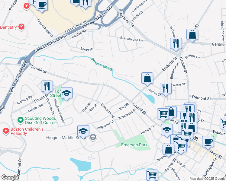 map of restaurants, bars, coffee shops, grocery stores, and more near 176 Lowell Street in Peabody