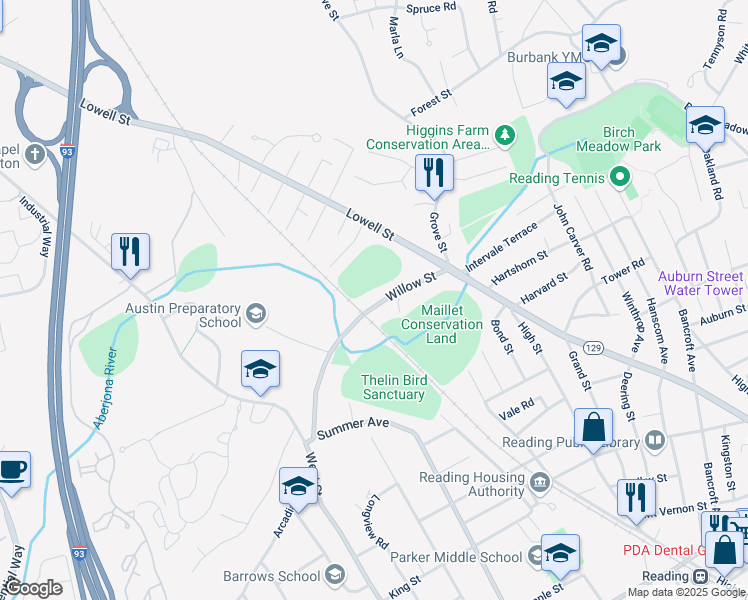map of restaurants, bars, coffee shops, grocery stores, and more near 53 Willow Street in Reading