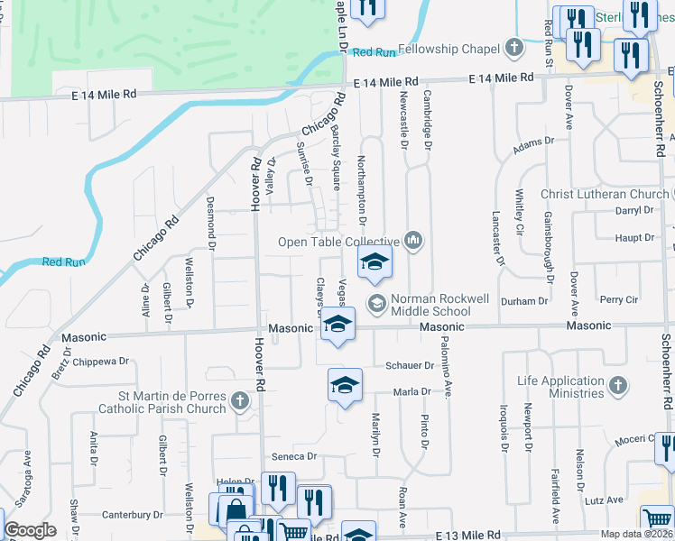 map of restaurants, bars, coffee shops, grocery stores, and more near 32101 Vegas Dr in Warren