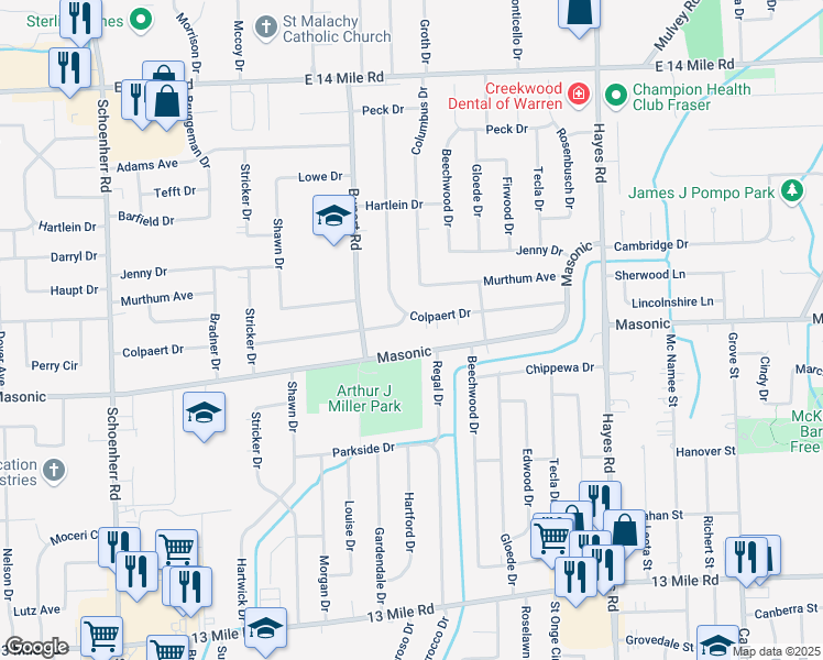 map of restaurants, bars, coffee shops, grocery stores, and more near 14510 Colpaert Dr in Warren