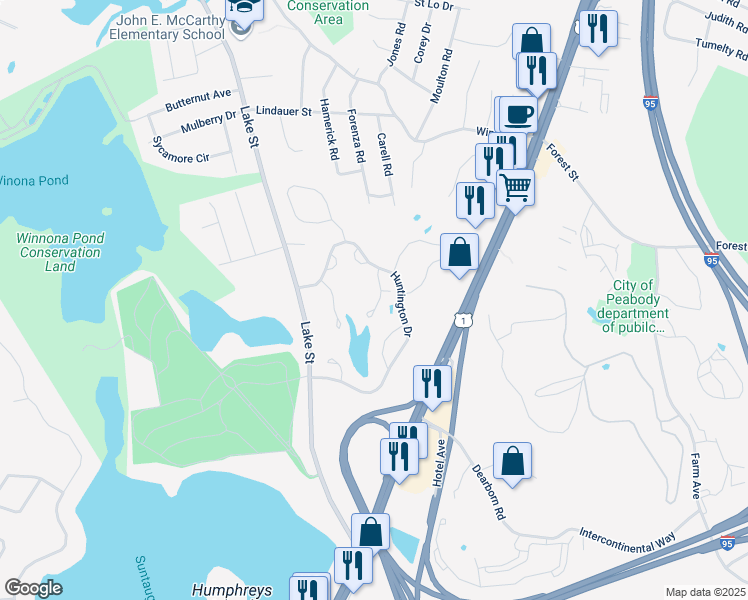 map of restaurants, bars, coffee shops, grocery stores, and more near 2802 Postgate Lane in Peabody