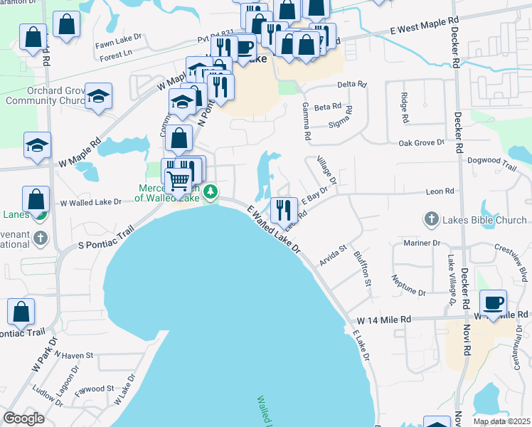 map of restaurants, bars, coffee shops, grocery stores, and more near 111 Sandy Lane in Walled Lake