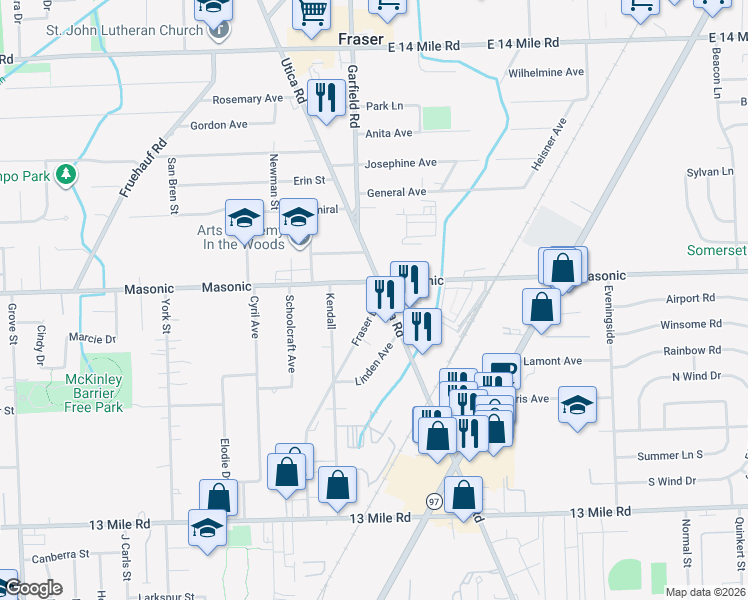 map of restaurants, bars, coffee shops, grocery stores, and more near 31823 Fraser Drive in Fraser