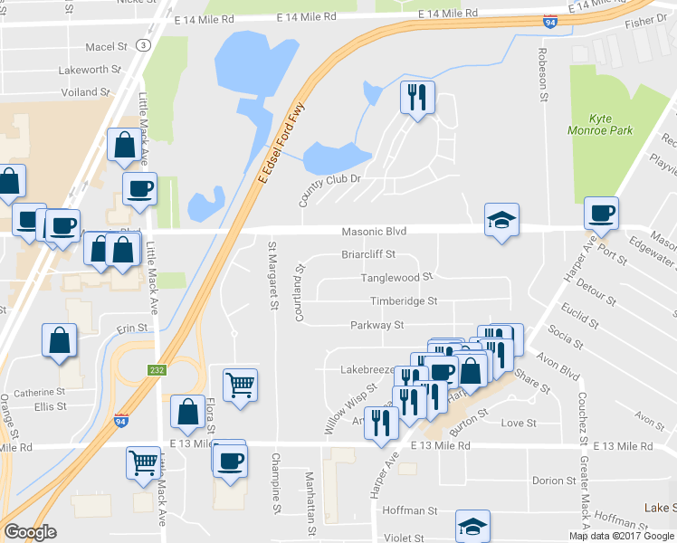 map of restaurants, bars, coffee shops, grocery stores, and more near 21301 Tanglewood Street in St. Clair Shores
