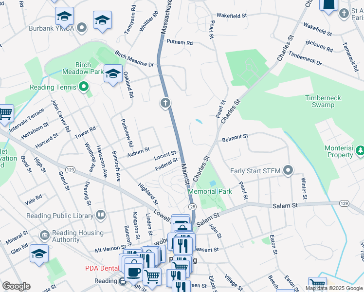 map of restaurants, bars, coffee shops, grocery stores, and more near 849 Main Street in Reading