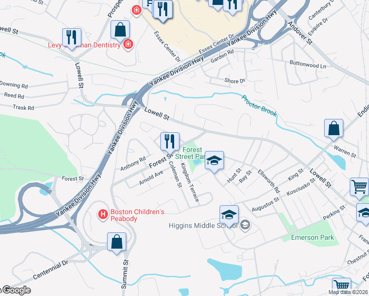 map of restaurants, bars, coffee shops, grocery stores, and more near Forest Street in Peabody