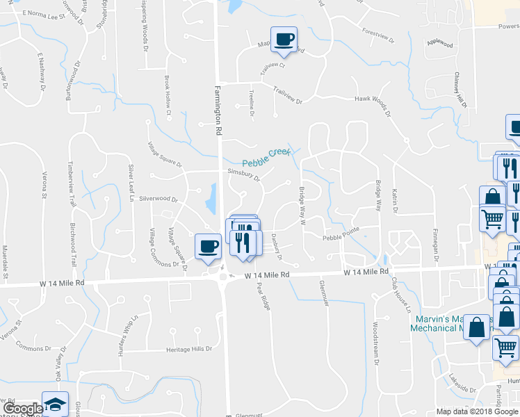 map of restaurants, bars, coffee shops, grocery stores, and more near 7398 Simsbury Drive in West Bloomfield Township