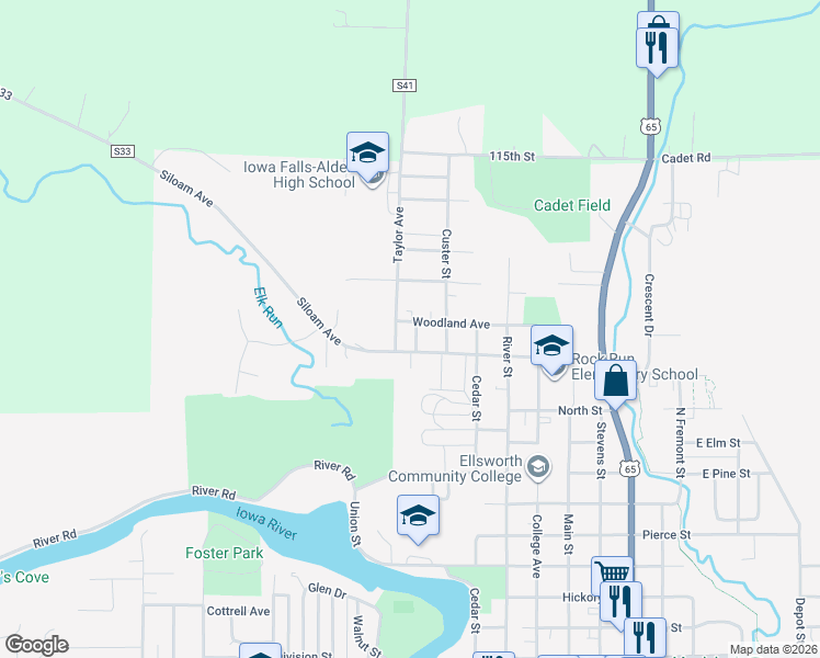 map of restaurants, bars, coffee shops, grocery stores, and more near 1511 West Street in Iowa Falls