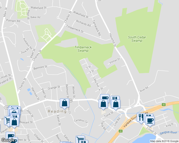 map of restaurants, bars, coffee shops, grocery stores, and more near 92 Libby Avenue in Reading