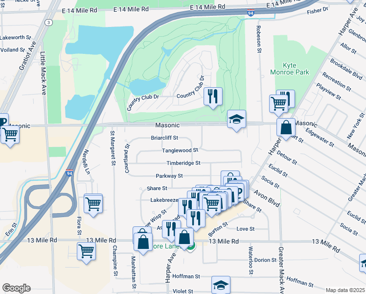 map of restaurants, bars, coffee shops, grocery stores, and more near 21607 Tanglewood Street in St. Clair Shores