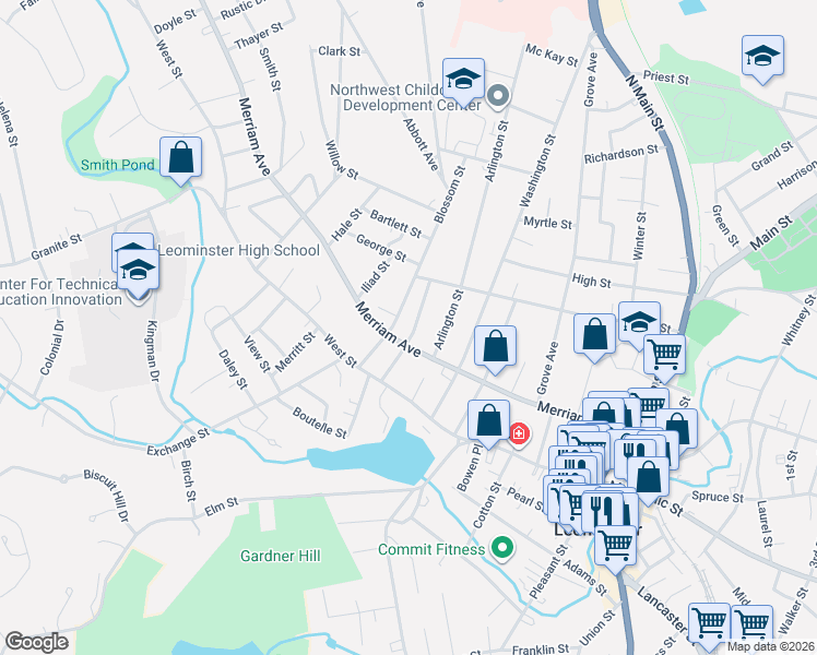 map of restaurants, bars, coffee shops, grocery stores, and more near 37 Blossom Street in Leominster