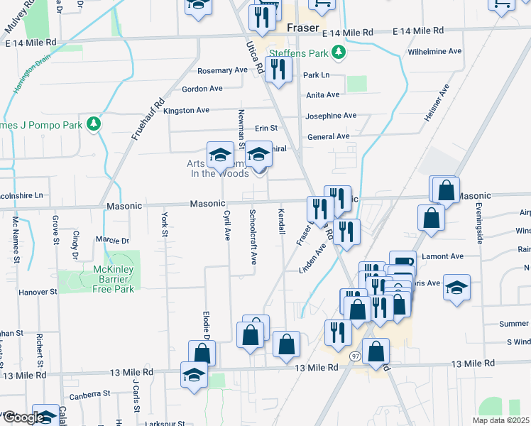 map of restaurants, bars, coffee shops, grocery stores, and more near 16480 Masonic in Fraser