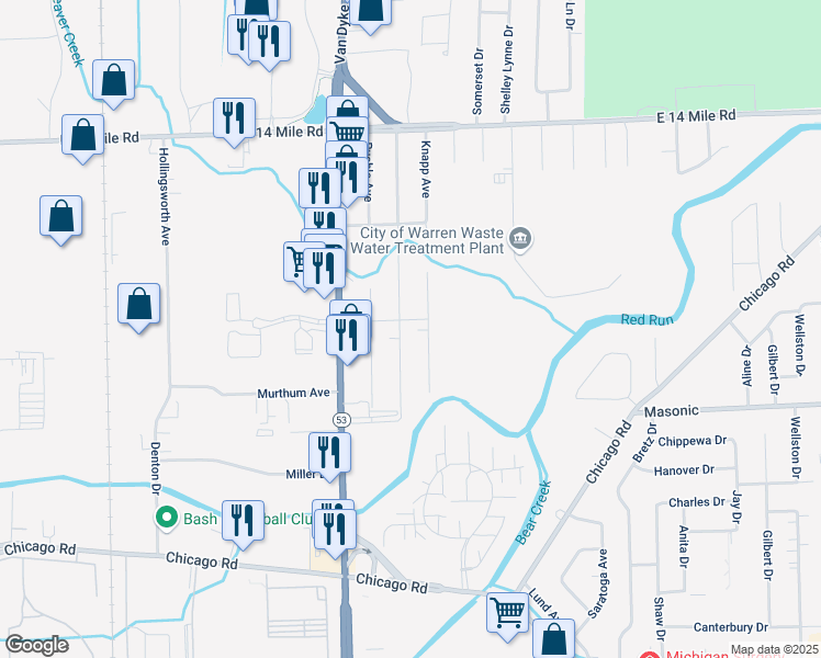 map of restaurants, bars, coffee shops, grocery stores, and more near 32256 Linderman Avenue in Warren