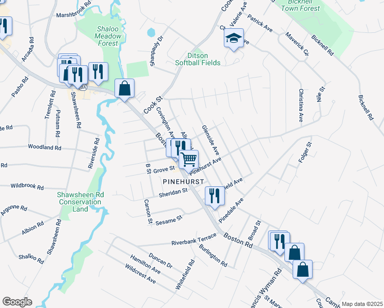 map of restaurants, bars, coffee shops, grocery stores, and more near 29 Allendale Ave in Billerica