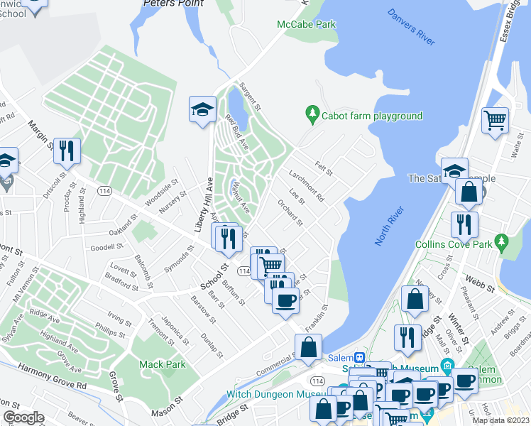map of restaurants, bars, coffee shops, grocery stores, and more near 36 Orne Street in Salem