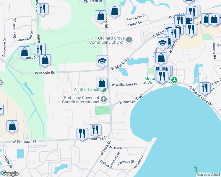 map of restaurants, bars, coffee shops, grocery stores, and more near 162 Ladd Road in Walled Lake