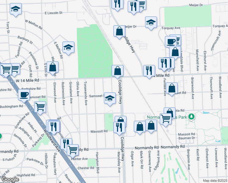 map of restaurants, bars, coffee shops, grocery stores, and more near 4612 Mandalay Avenue in Royal Oak