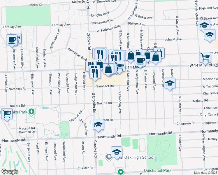 map of restaurants, bars, coffee shops, grocery stores, and more near 236 South Webik Avenue in Clawson