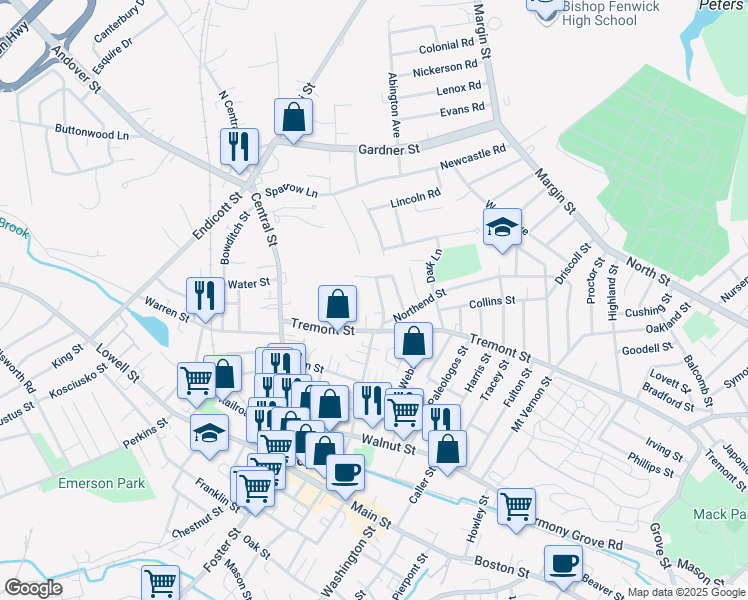 map of restaurants, bars, coffee shops, grocery stores, and more near 11 Highland Park in Peabody