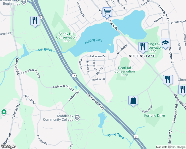 map of restaurants, bars, coffee shops, grocery stores, and more near 1 Fuller Road in Billerica
