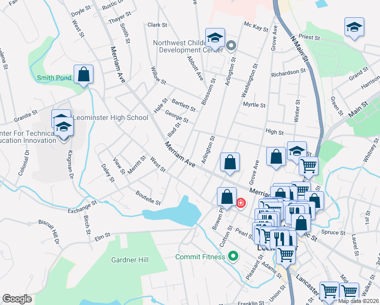 map of restaurants, bars, coffee shops, grocery stores, and more near 37 Blossom Street in Leominster