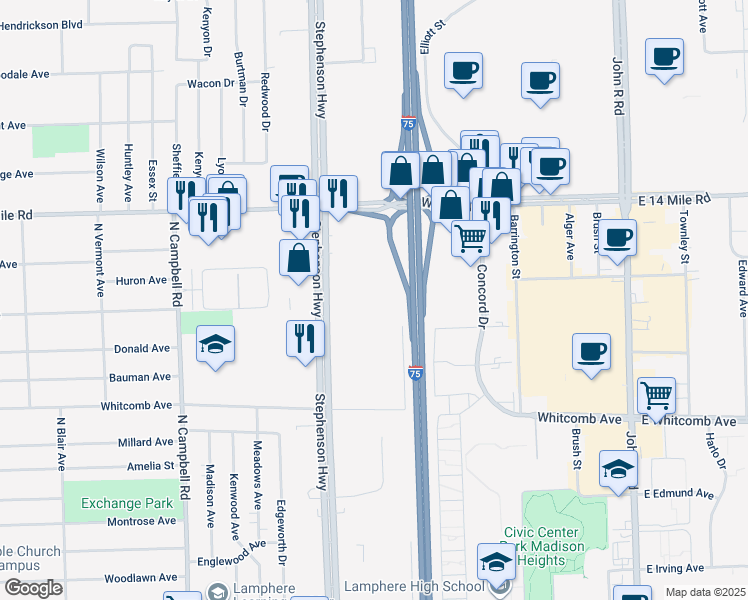 map of restaurants, bars, coffee shops, grocery stores, and more near 32650 Stephenson Highway in Madison Heights